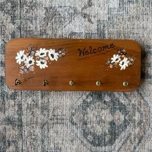Vintage Wood Hand Painted Welcome Sign Key Holder Cottage Floral Granny Chic